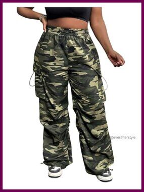 Plus Size Camo Cargo Pants Elastic Waist Wide Leg Trousers